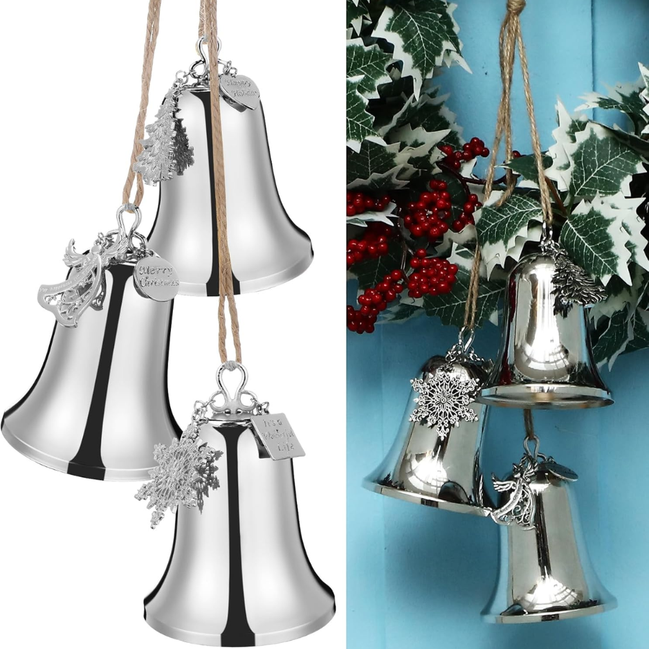 1 Set Large Christmas Bell Ornaments, Silver Metal Hanging Bells With Rope, Xmas Tree Decorations For Indoor & Outdoor
