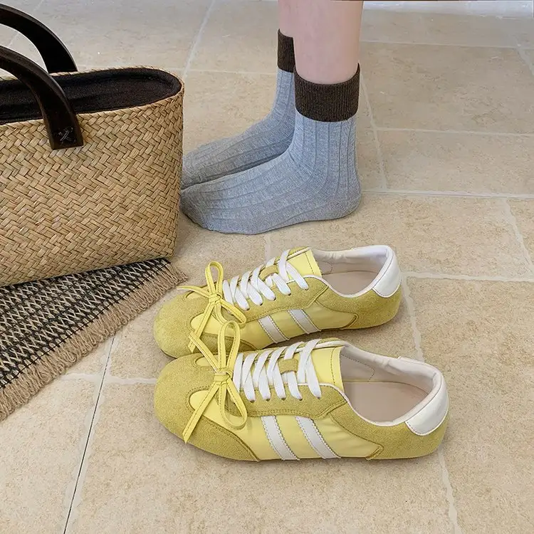 Women Sweet Bow Knot Three Stripe Retro Sneakers, Soft Suede Lace Up Flat Sole Vintage Casual Daily Walking Fashion