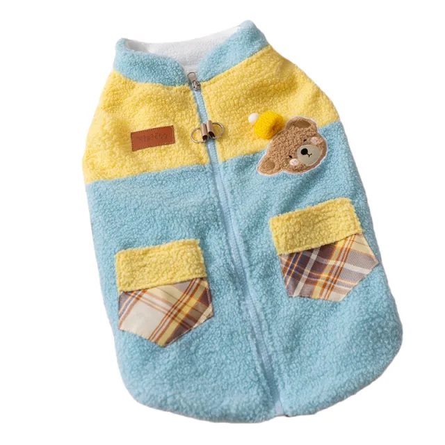 Cute Bear Embroidered Pet Fleece Jacket With Plaid Pockets, Warm Zippered Dog Coat With Leash Ring For Small Dogs Blue - Shop at LoveMi