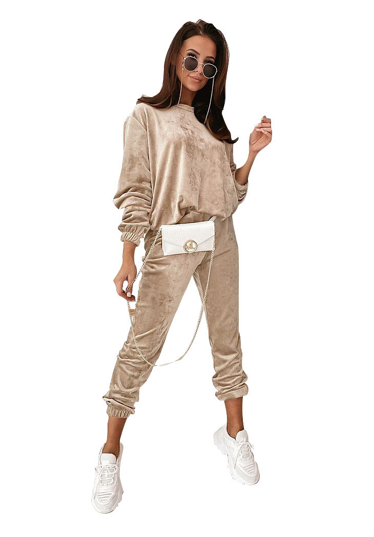 Pure Color Gold Velvet Round Neck Long-sleeved Trousers Casual Suit Women