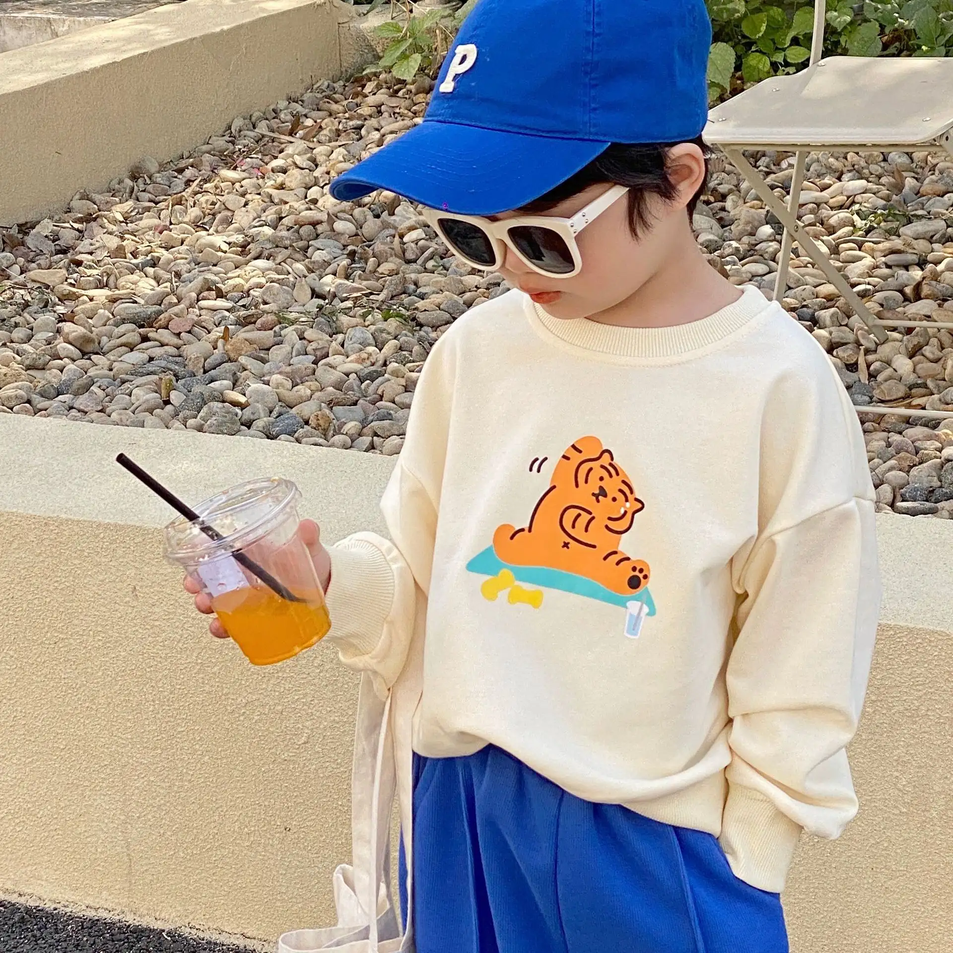 Boys Cartoon Tiger Casual Loose Pullover Short Sweatshirt