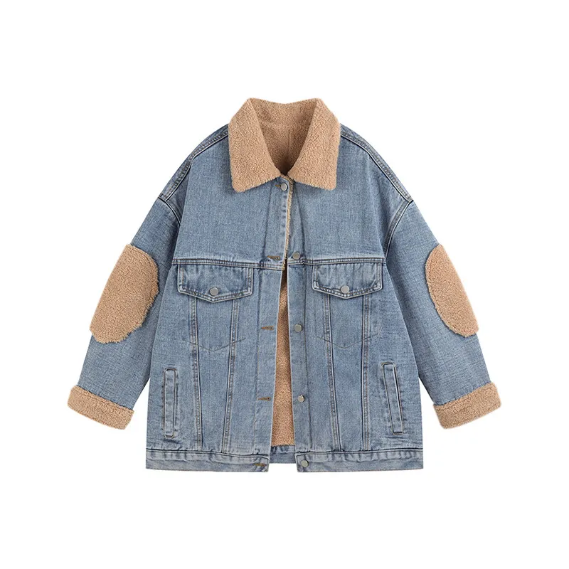 Denim Lamb Wool Loose Stitching Design Plus Velvet Cotton Jacket - Blue