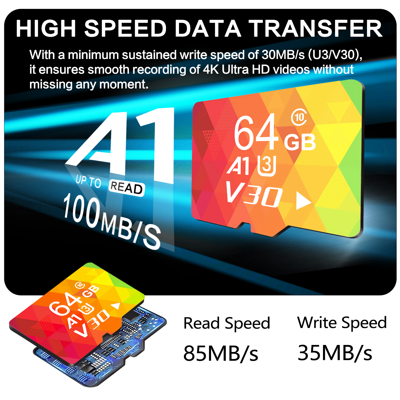 64GB Micro SD Card 3-Pack, A1-U3-V30 High Speed Memory Card, Compatible With Camera, Dash Cam, Smartphone, Tablet