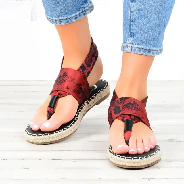 Snake Pattern Snadals Fashion Summer Flip Flops Flat Shoes Red - Shop at LoveMi