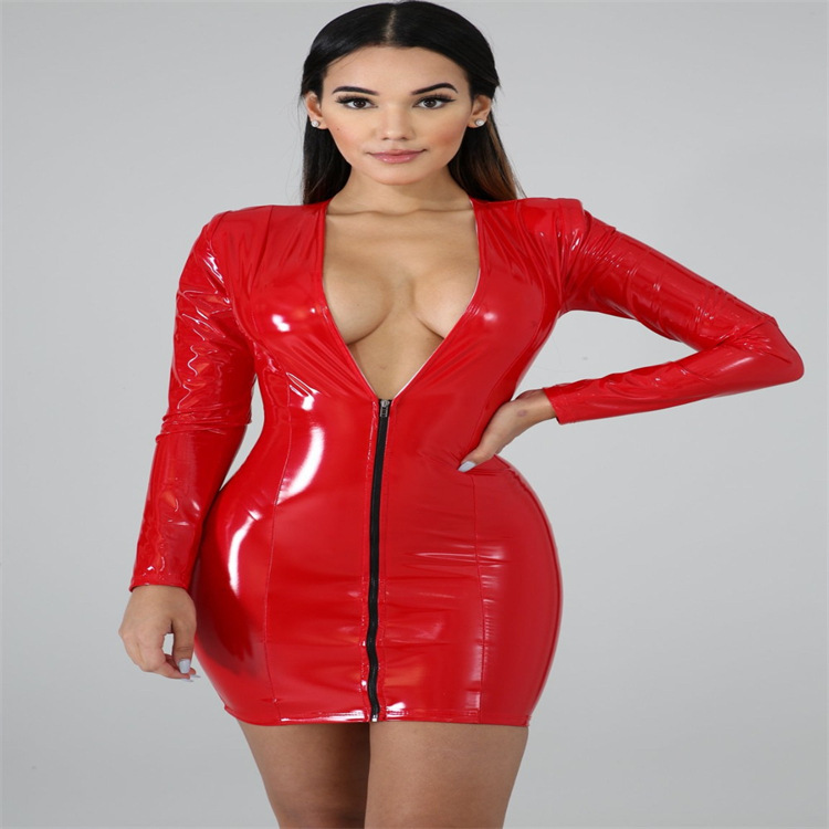 Zipper PU High Elastic Deep V-neck Jumpsuit