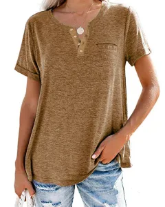 Women's Top Small V-Neck Short Sleeve Loose T-Shirt - Camel - View 1