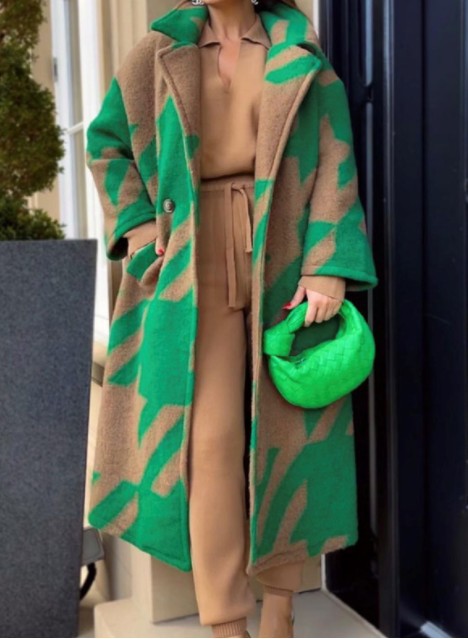 Printed Stitching Long Style Woolen Coat Lady