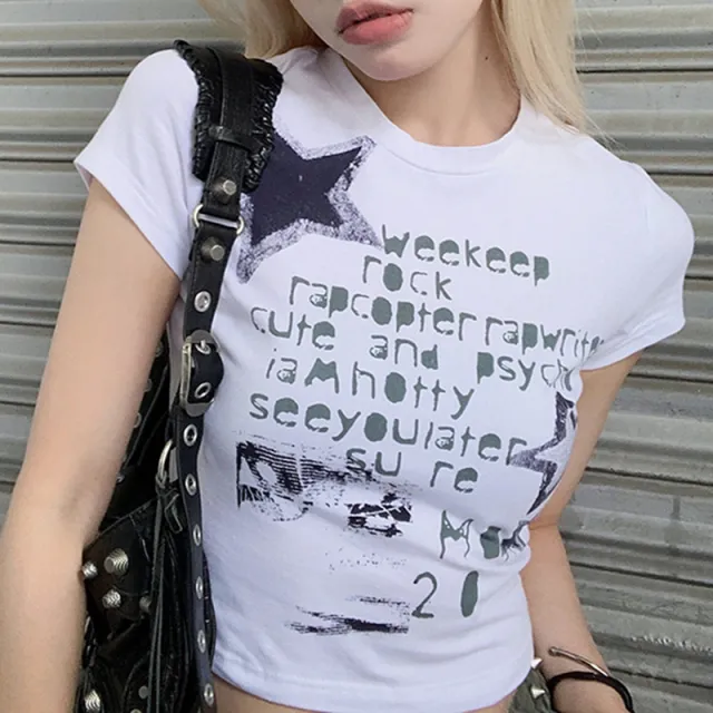 Street Graffiti Letters Stars Printed Round Neck Slim Tops Spicy Girls Are Shoulder Thin Simple T shirt Female White - Shop at LoveMi