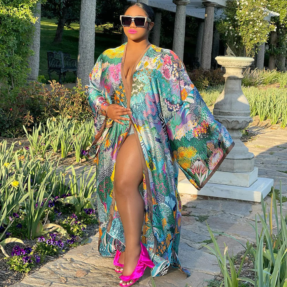 Women's Loose Plus Size Cardigan Kimono Fashion Casual Windbreaker Flower Bush - Shop at LoveMi