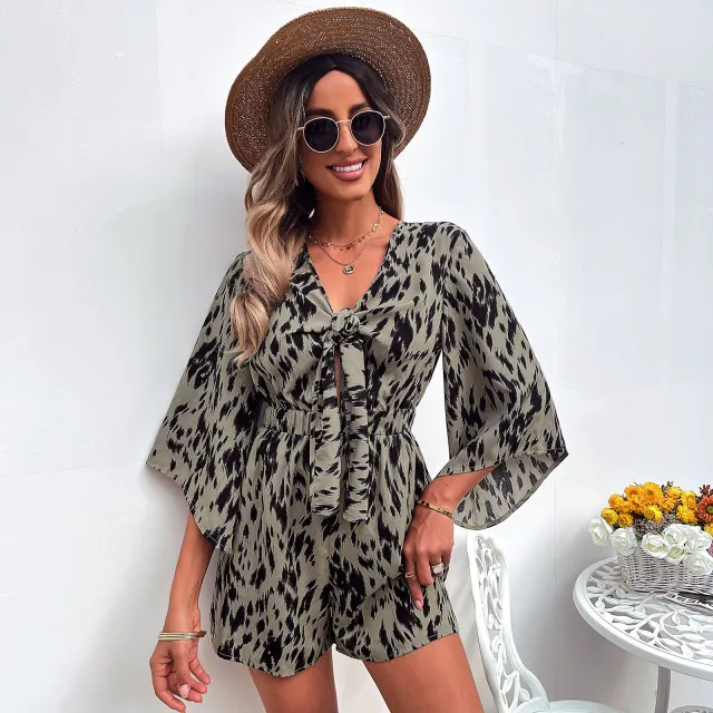 V Neck Loose Printed Cutout Chiffon Half Sleeve Jumpsuit Apricot - Shop at LoveMi