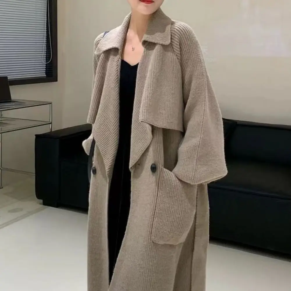 Autumn and Winter New Elegant Belt Knitted Trench Coat