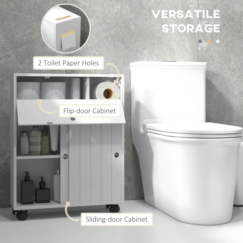 Kleankin Toilet Paper Cabinet, Slim Bathroom Cabinet With 4 Rolling Wheels, Small Bathroom Storage Cabinet With Paper Holes, Sliding Doors And Adjustable Shelf For Small Space, White