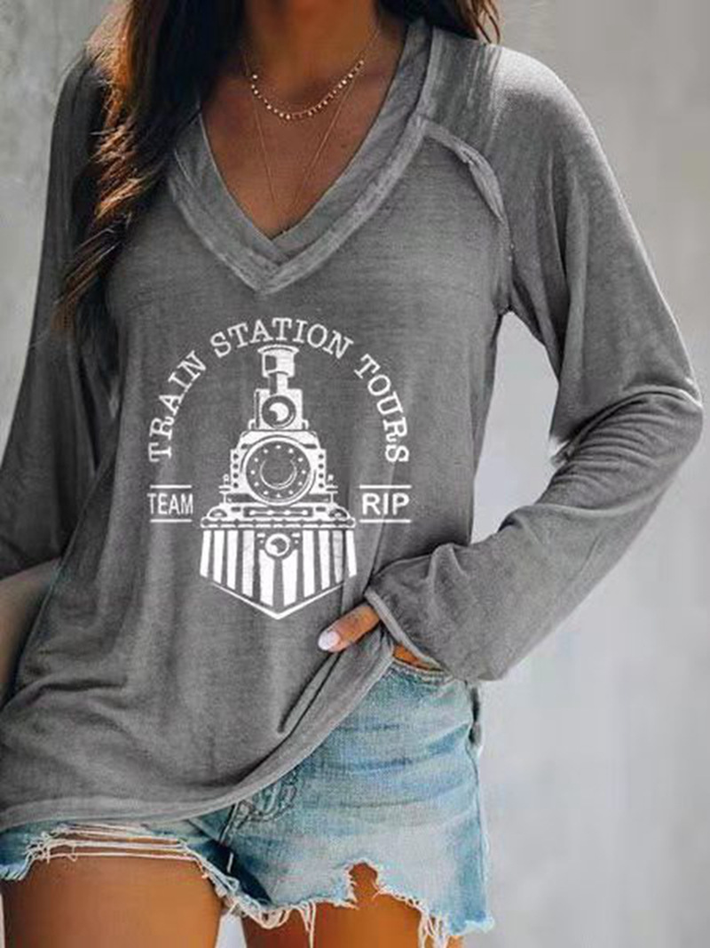 Ladies Fashion Printed Long Sleeve V-Neck T-Shirt