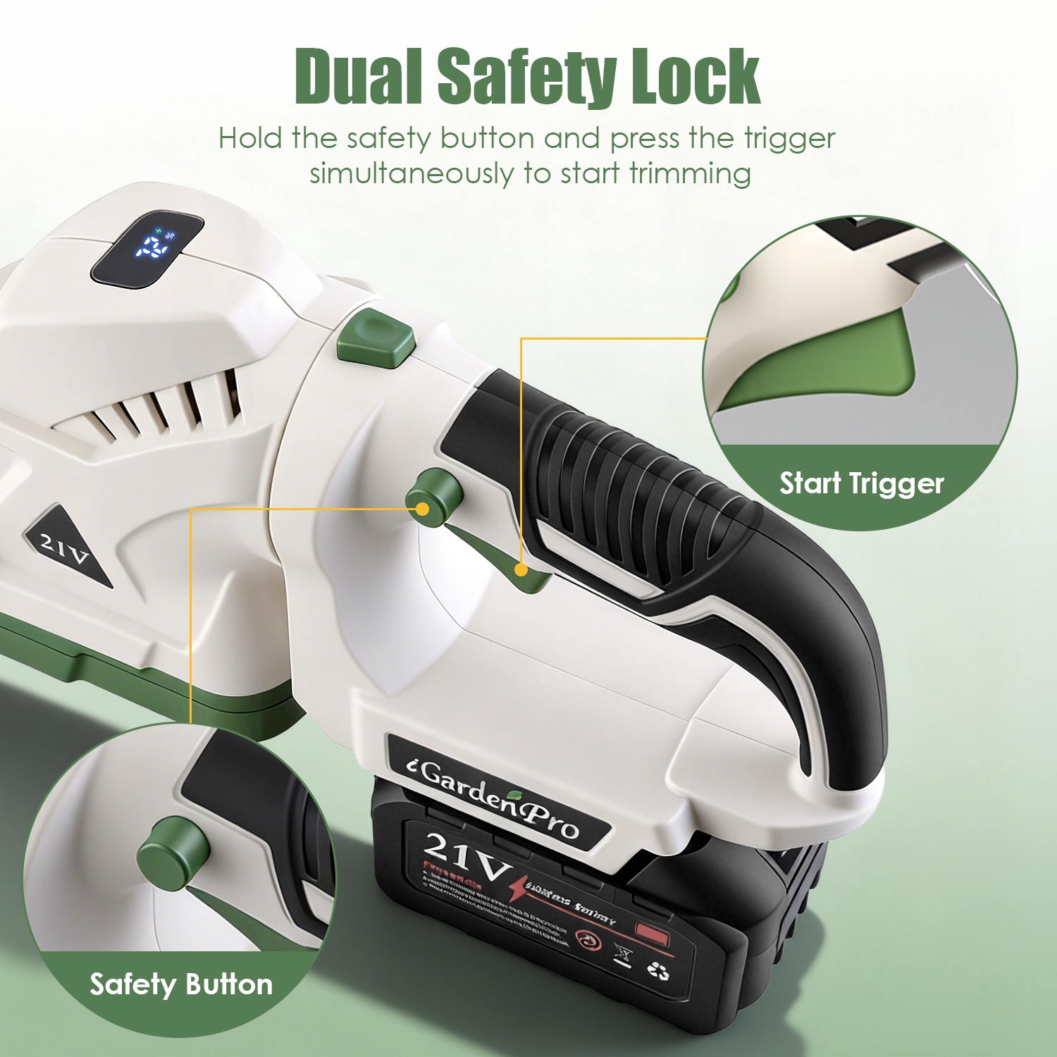 20in Cordless Hedge Trimmer For Spring Garden 21V Handheld Bush Trimmer Electric Grass Shrub Trimmer With Dual Action Blades 0.6in Cutting Diameter Safety Lock 90 Degree Adjustable Handle