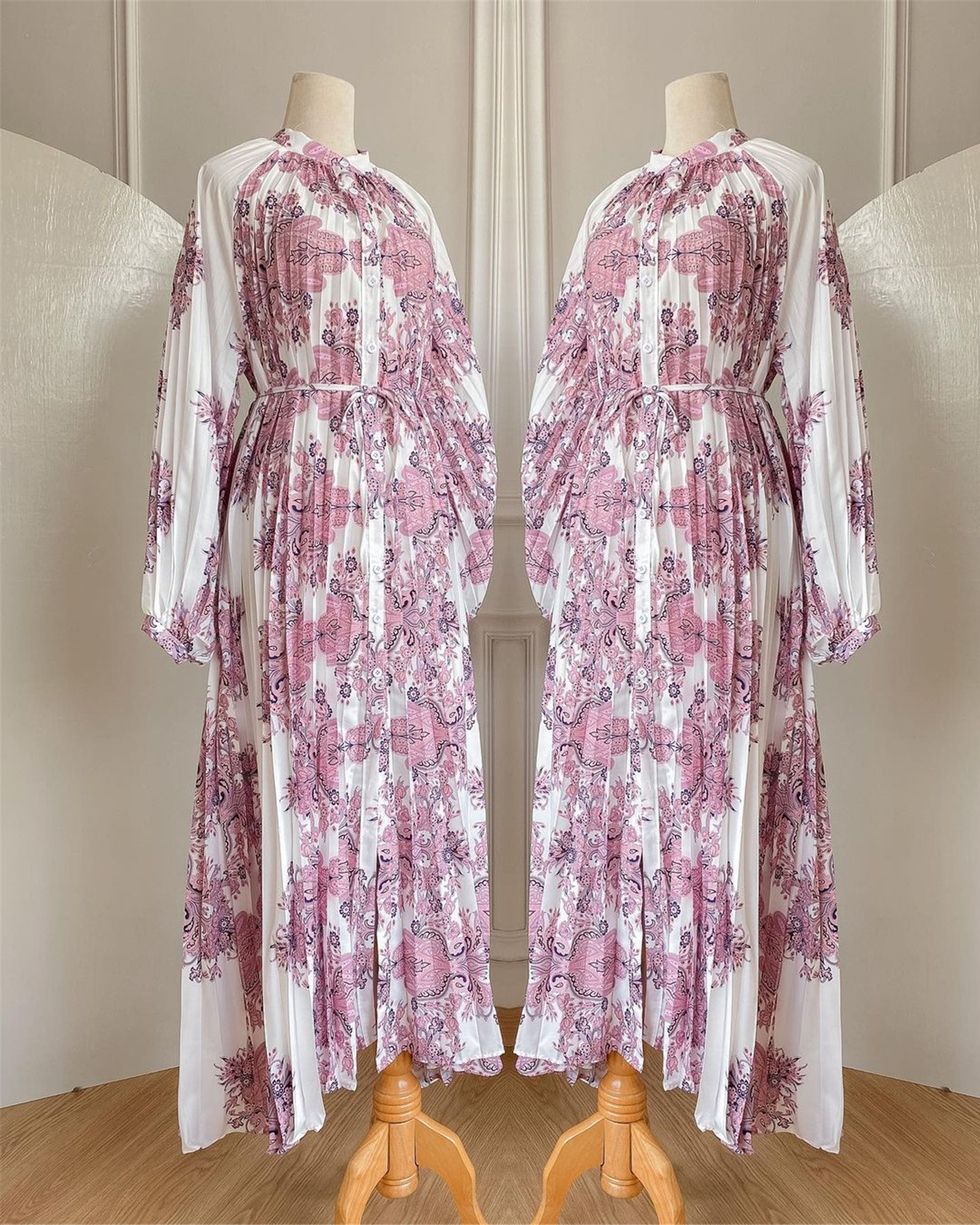 Title 4, Printed Long Dress Pleated Lantern Sleeve