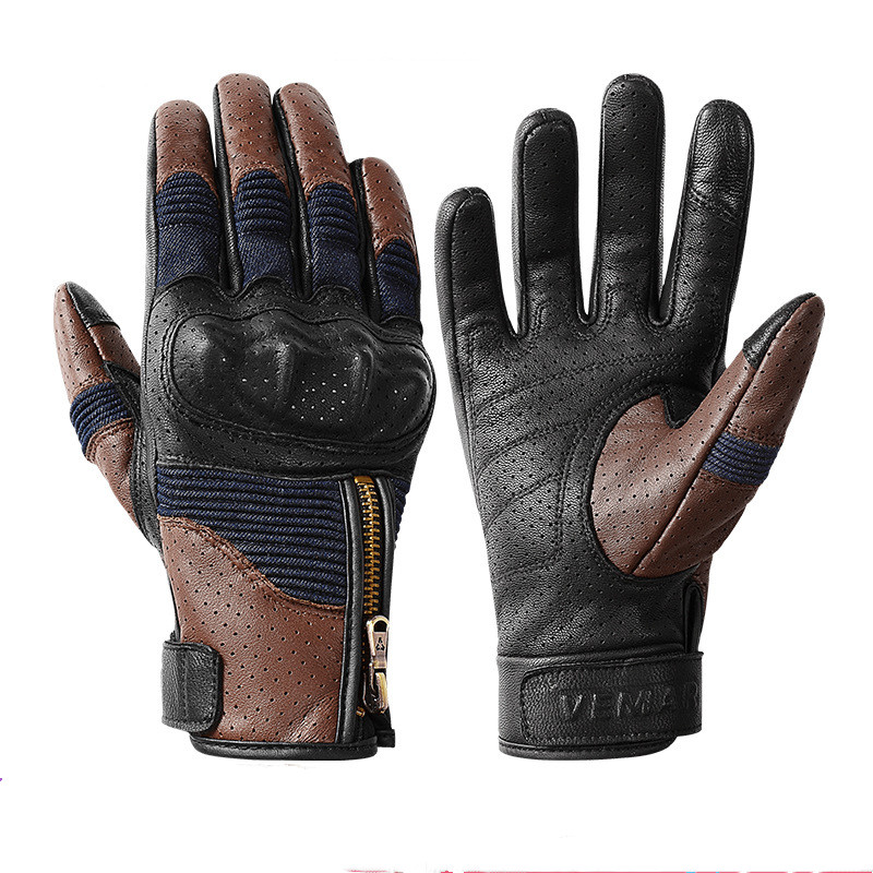 Men's Genuine Leather Sheepskin Vintage Perforated Motorcycle Gloves