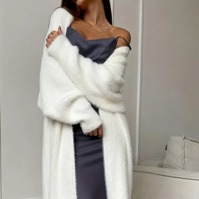 Women's Furry Long Cardigan Slouchy Open Front Duster Coat, Fuzzy Cozy Layer White - Shop at LoveMi