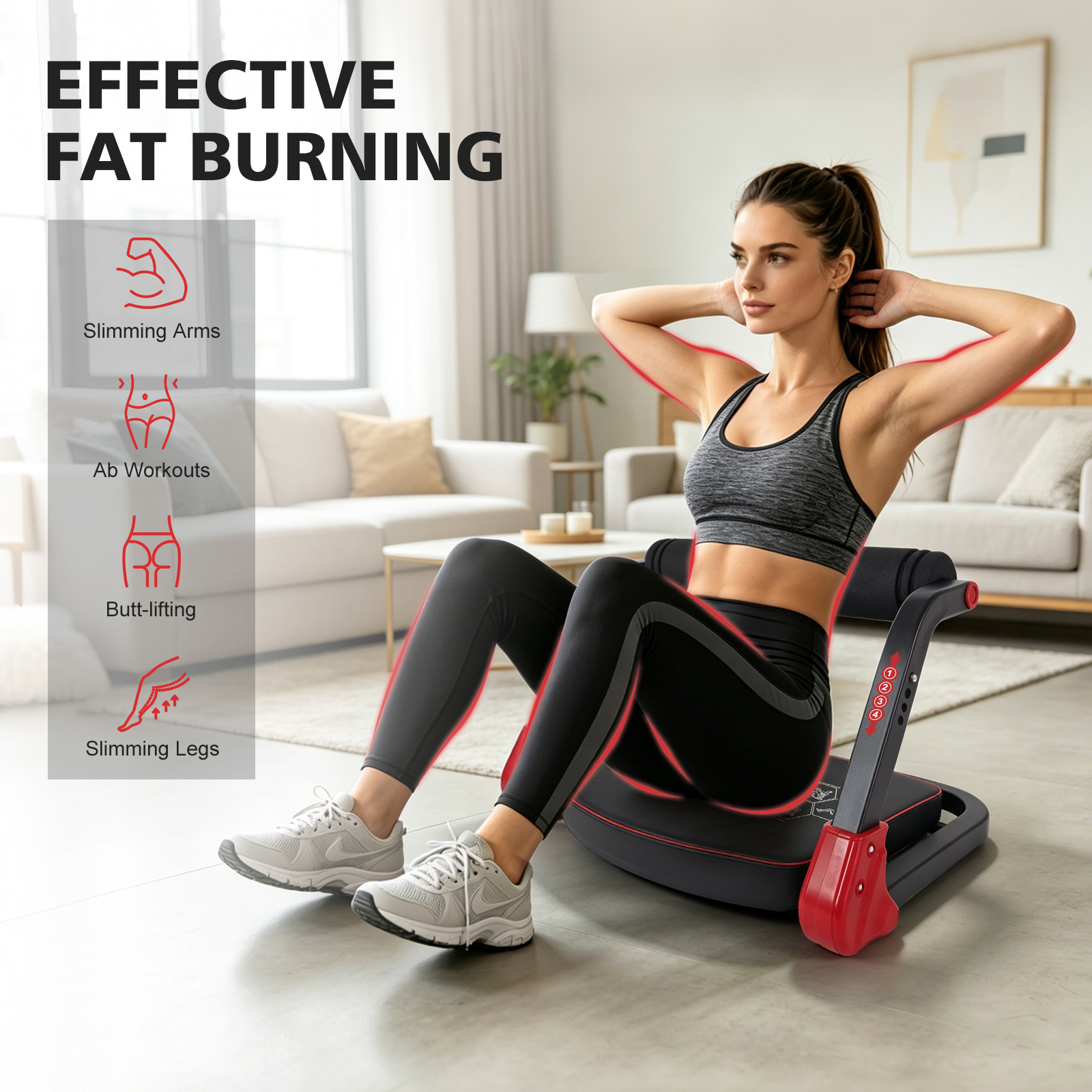 Ab Core Trainer Abdominal Machine For Home Gym With Resistance Bands Red