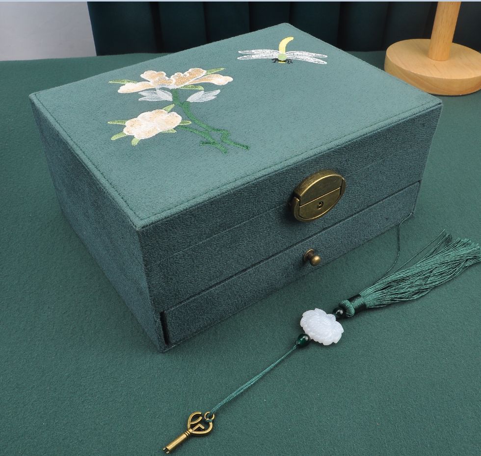 Chinese Style Embroidered Flannel Antique Jewelry Storage Box — image 1