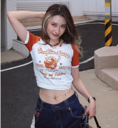 Contra Color Insert Shoulder Sleeve Short Sleeve Female Summer Slim Body Crop White Orange Brown - Shop at LoveMi
