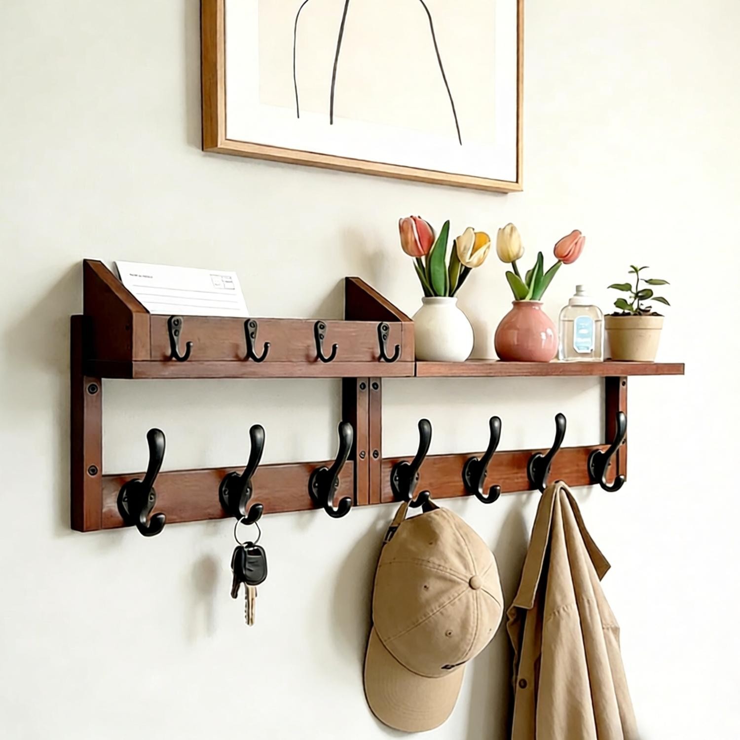 Coat Hooks Wall Mounted With Shelf Key Holder Mail Holder 11 Hooks 70cm Rack