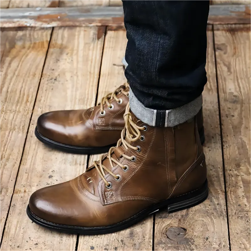 Men Cowboy Boots Retro Lace-up Martin Boot Round Toe