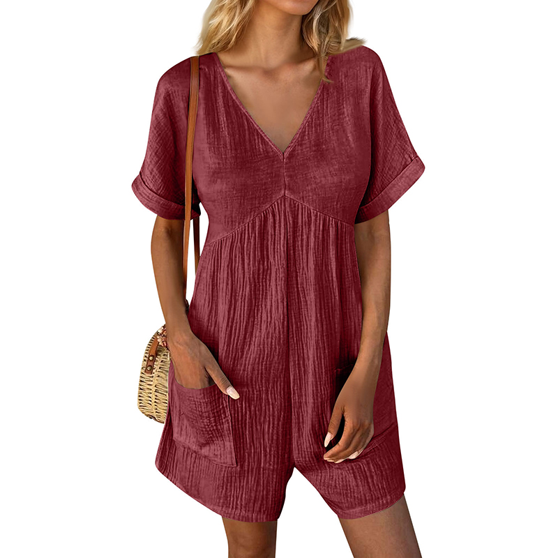 Damen Sommer Strampler Freizeit Kurzarm V-Ausschnitt Kurz Overalls mit Taschen - Bild 10 von 13
