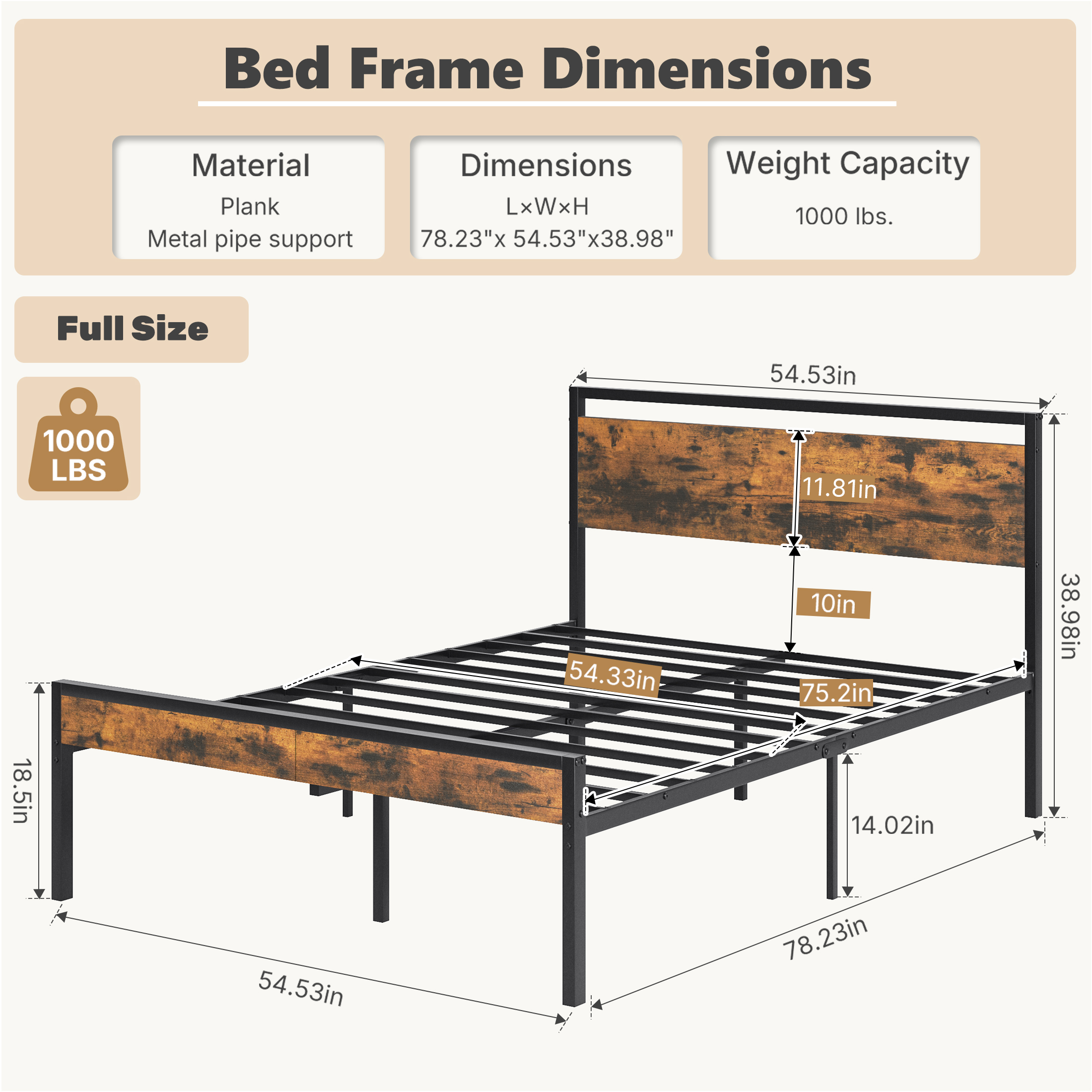 Heavy-duty Metal Platform Bed With Wooden Headboard, Capable Of Supporting 1000 Pounds, And With Storage Space Beneath The Bed. image 11