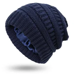 Hats Women's Protective Hairstyles, Warm Woolen Knit Satin Hats - Blue - View 1