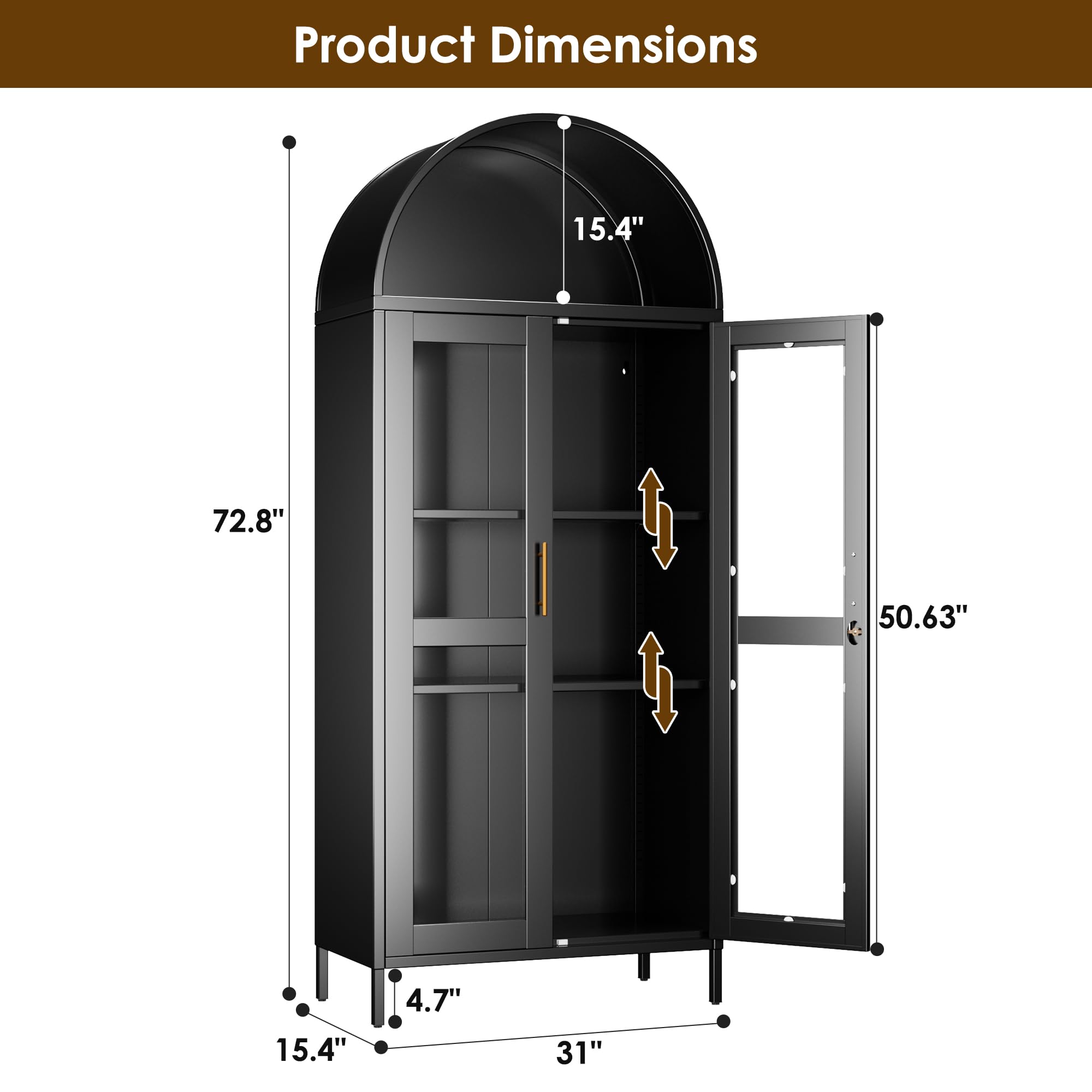 Metal Arched Cabinet With Lock, Arch Display Bookcase With Glass Doors Shelves, Modern Freestanding Kitchen Pantry Storage Cabinet For Dining Room, Home, Office, Assembly Required Black