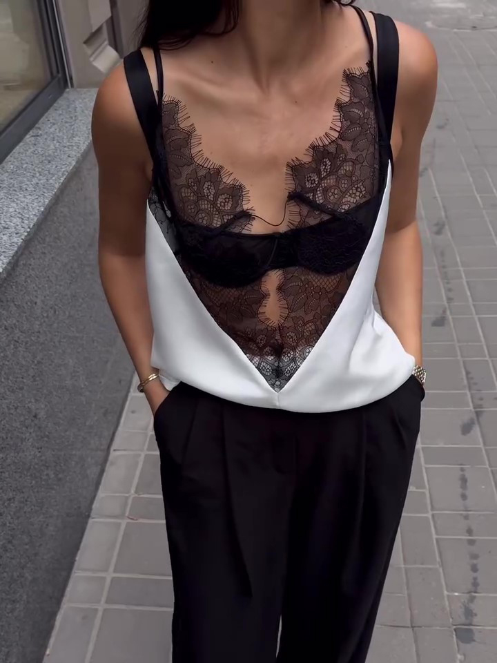 Sexy Lace Panel Satin Top