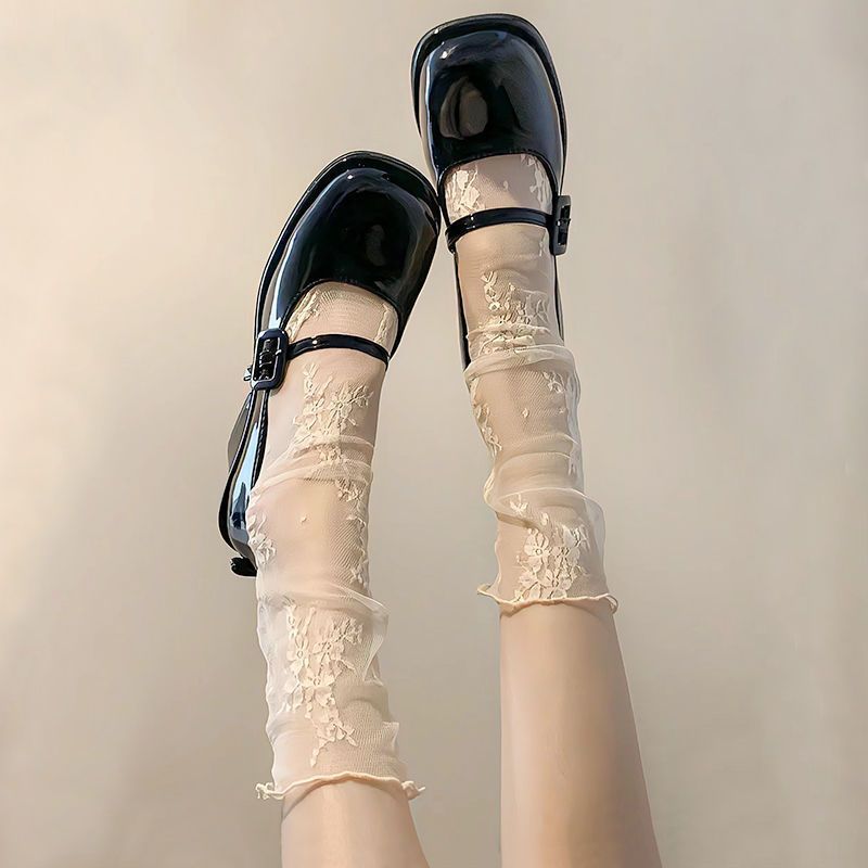 Women's Coquette Sheer Lace Socks, Floral Embroidered Mesh Mid-Calf Socks, Ruffle Trim Slouchy Socks For Balletcore & Cottagecore Style