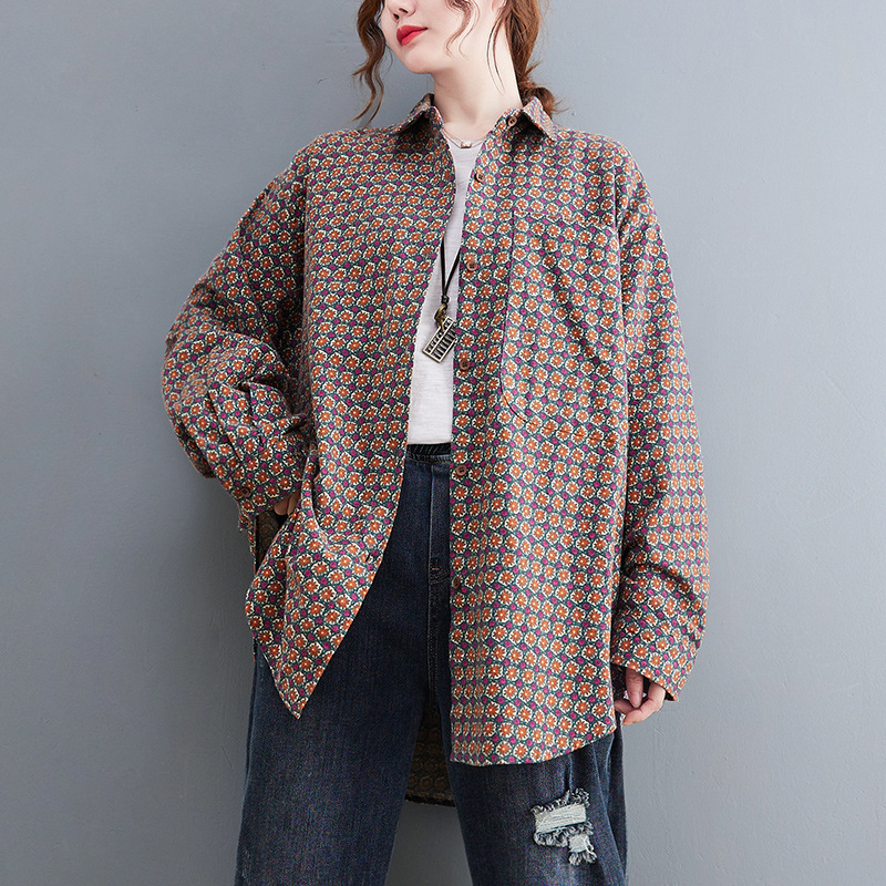 Women's Autumn And Winter New Retro Print Loose Coat Shirt Red - Shop at LoveMi