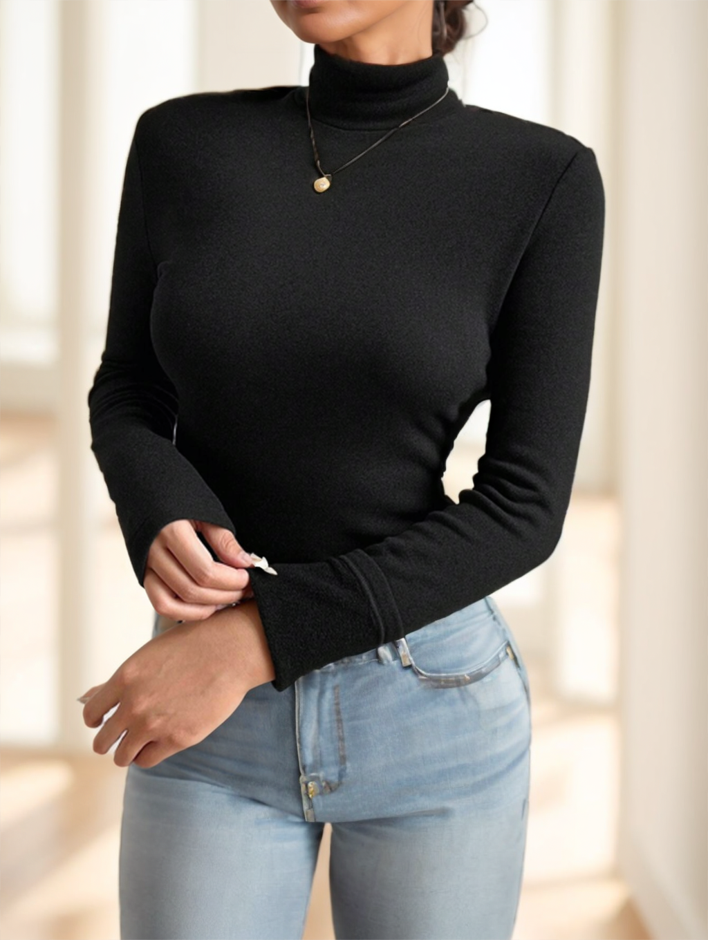 Basic Turtleneck Slim Long Sleeve Solid Color Women's Top