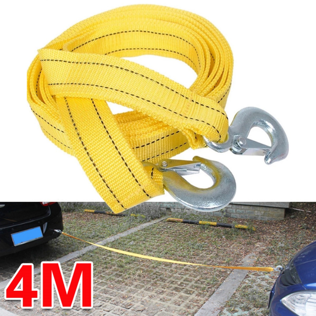 4M Heavy Duty 3 Ton Car Tow Cable Towing Pull-Rope Strap Hooks Van Road Recovery — image 5