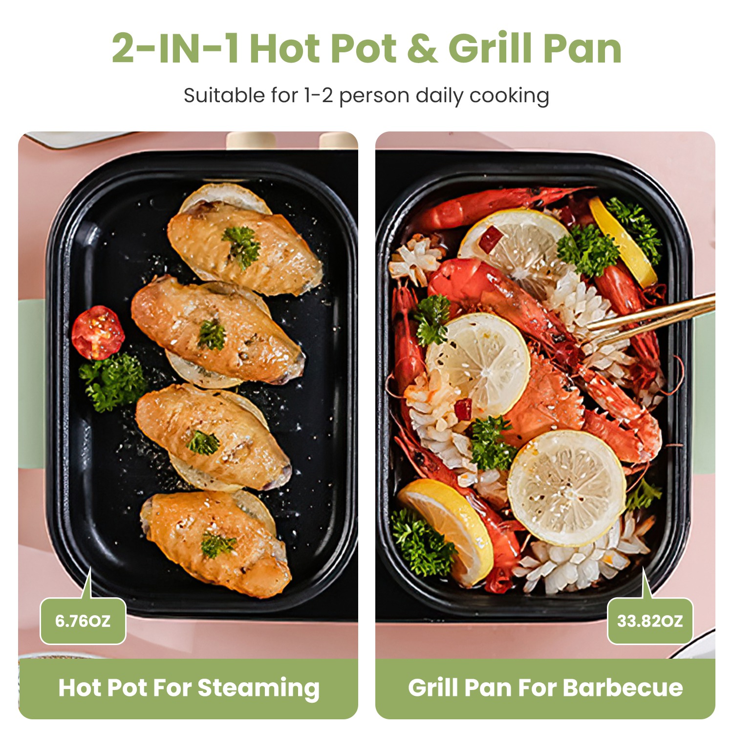 1Pc Electric Hot Pot With Grill 2-in-1 Hot Pot And Frying Pan Portable Non-Stick Pot And Griddle Electric Cooker Pot With Glass Lid Fast Heating For 1-2 People BBQ Steaks Noodles