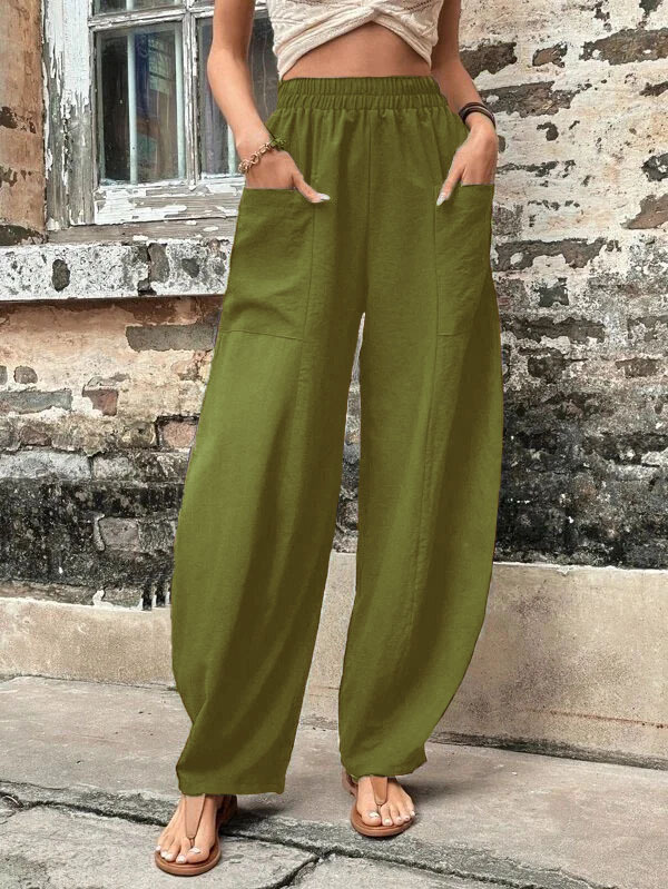 Title 11, Womens Solid Color Casual Elastic Pants with P...