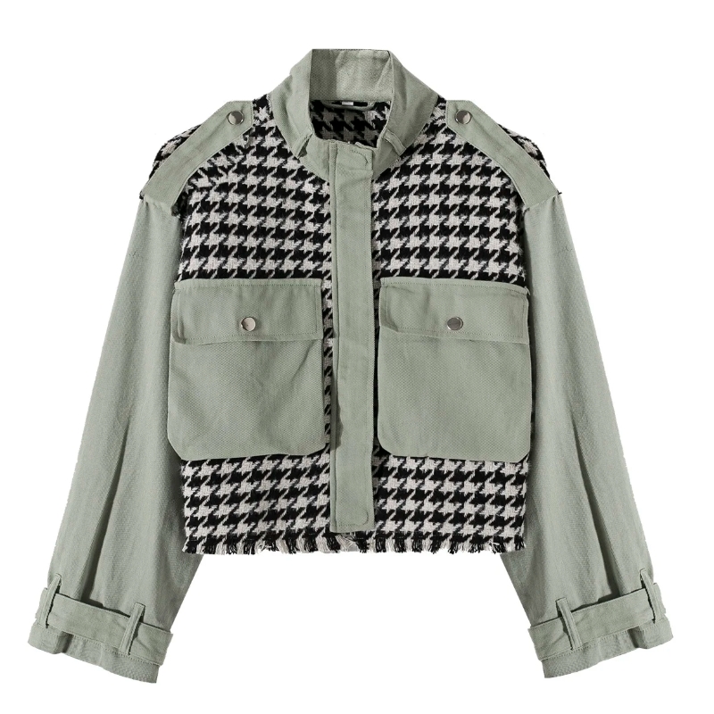 Short Houndstooth Woolen Texture Small Lapel Single Pocket