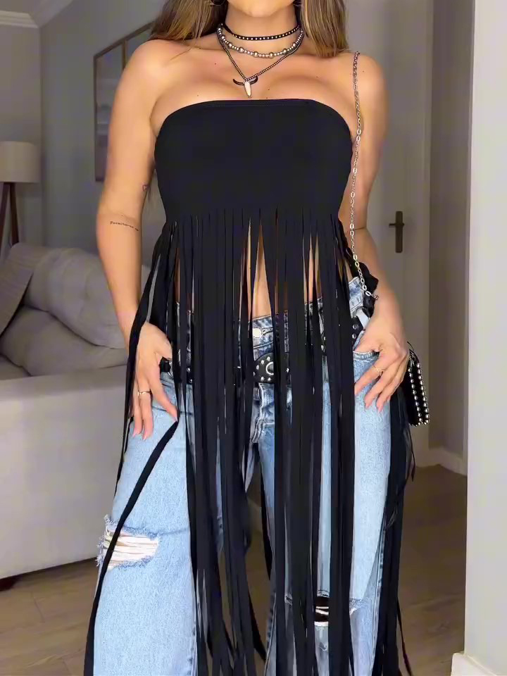 Black Bandeau Fringe Top