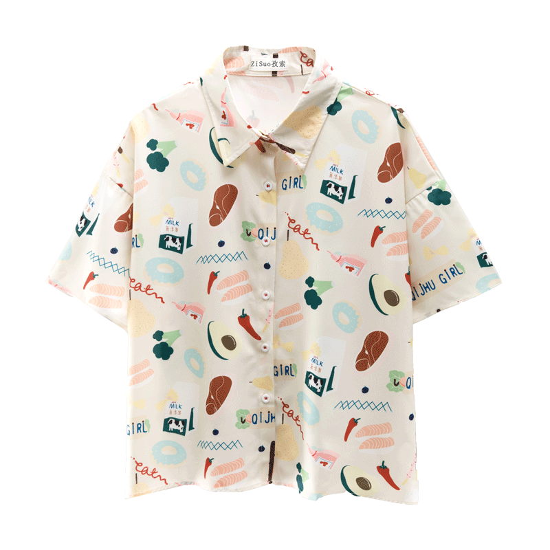 Title 3, Retro Print Girl Short Sleeve Shirt Loose All-m...