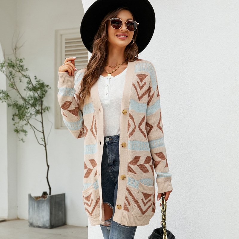 Autumn And Winter New Women's Clothing Diamond Loose Knitted Cardigan Beige - Shop at LoveMi