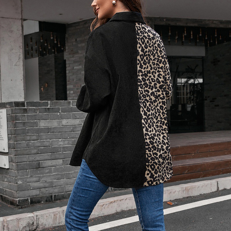 Casual Loose Leopard Print Long Sleeve Colorblock Single Row Women's Shirt