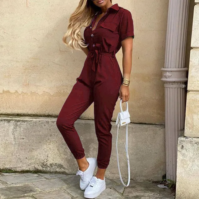 Casual Lapel Printed Belt Overalls Wine Red - Shop at LoveMi