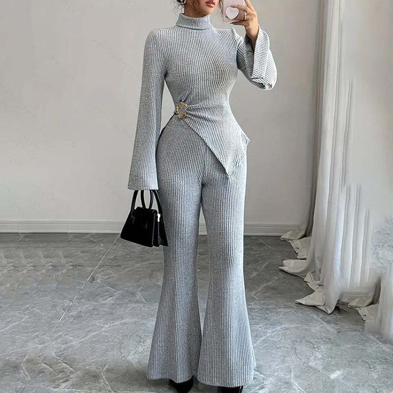 Womens Outfits Turtleneck Matching Lounge Set Flare Sleeve Asymmetrical Top & Wide Leg Pants - Gray