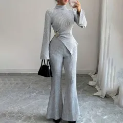Womens Outfits Turtleneck Matching Lounge Set Flare Sleeve Asymmetrical Top & Wide Leg Pants - Gray - View 1