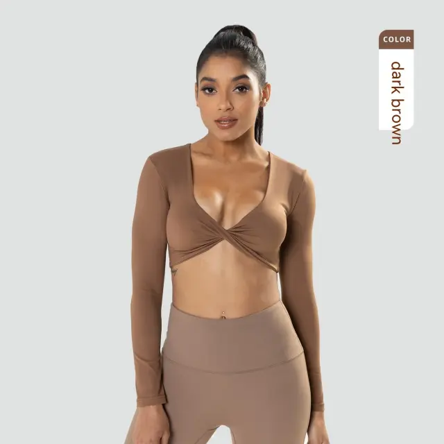 Women's Deep V neck Slim Fit Breathable Ins Style Yoga Clothes Short Top Dark Brown - Shop at LoveMi