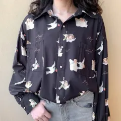 Women's Retro Loose Outerwear Long Sleeve Shirt - Black - View 1