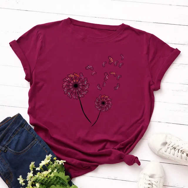 Women's Loose Dandelion Bike Round Neck Short Sleeve T shirt Wine - Shop at LoveMi