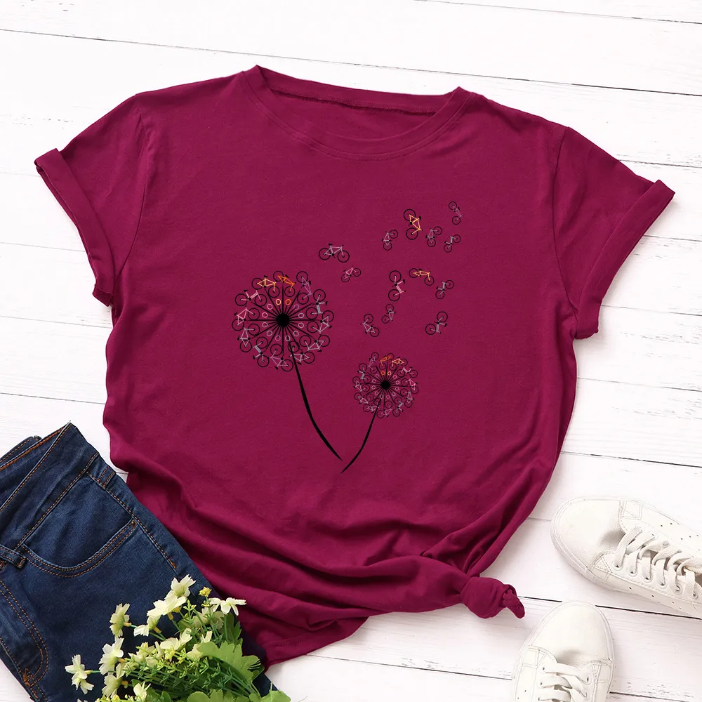 Women's Loose Dandelion Bike Round Neck Short Sleeve T-shirt - Wine