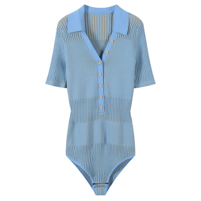 Blue Slim fitting Ice Silk Short sleeved Sweater Summer V neck Women's T shirt Blue - Shop at LoveMi